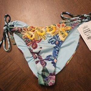 Lateen Crochet Floral Embroidered Bikini Bottom - Light Blue & Yellow Laege Nwts